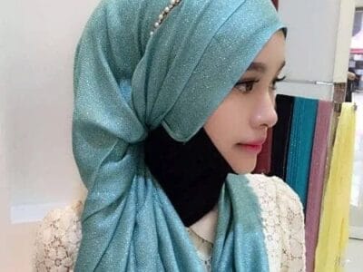 Hijab Scarf Fashion Gold Silk Cotton Female Long Scarf Folk Style (Ocean Blue)
