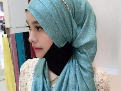 Hijab Scarf Fashion Gold Silk Cotton Female Long Scarf Folk Style (Ocean Blue)