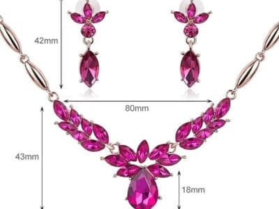 Wreath Diamond-shape Necklace Earrings Ladies Innovative Novel Fashion Jewelry Set (Rose Red)