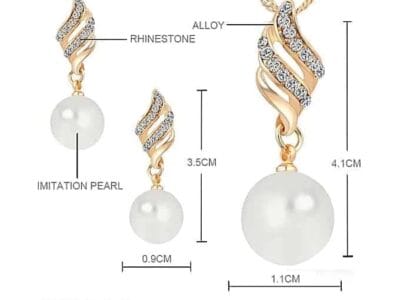 Pearl and Rhinestone Pendant Necklace and Earrings (Gold)