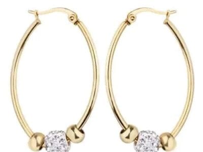 Women Wedding Fashion Jewelry Crystal Inlaid Beaded Titanium Steel Hoop Earrings (Gold)