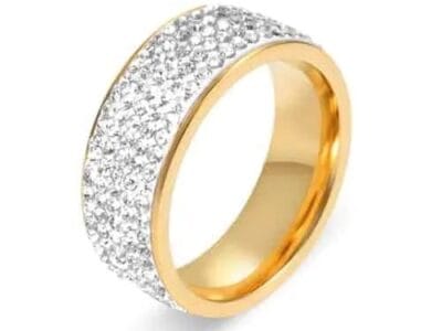 Stainless Steel Eternity Ring For Wedding Band Engagement Promise High Quality Crystal and Rhinestones Inlaid Circle Round (Gold)