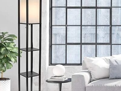 Hometrends Wood Floor Lamp with Shelves and Ivory Linen Shade, 63″, Black