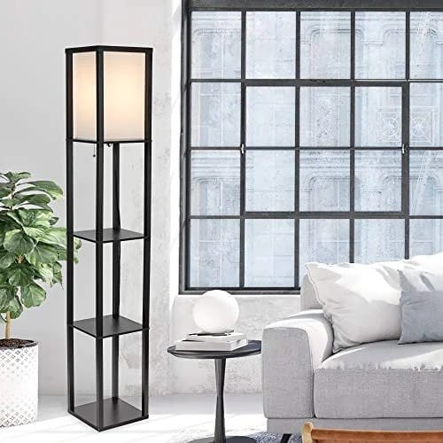 Hometrends Wood Floor Lamp with Shelves and Ivory Linen Shade, 63″, Black