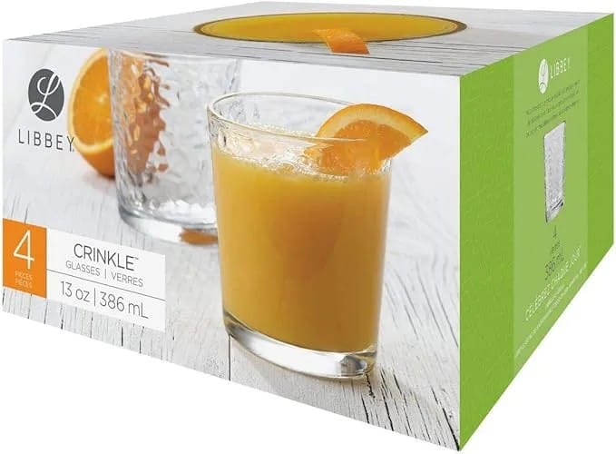Libbey Crinkle Double-Old-Fashioned Glasses, Set of 4, 13 oz/386 mL