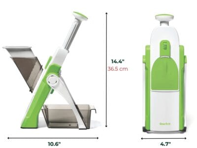 Starfrit Pump’n’Slice – Vertical Mandoline, Food Chopper, Slicer – Safe Enclosed Blades – Folds for Storage | Cleaning Tool -2-in-1