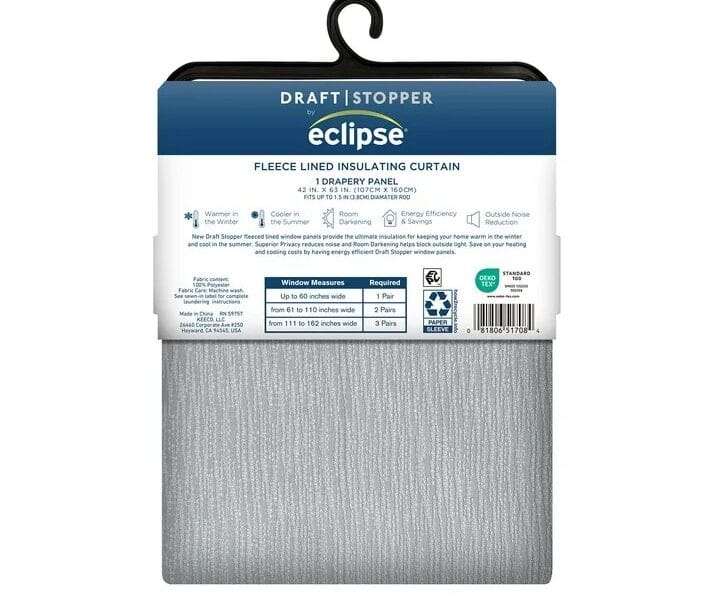 (2 pack) Eclipse Draft Stopper Room Darkening Fleece Lined Rod Pocket, Single Curtain Panel, Silver, 42″ W x 63″ L