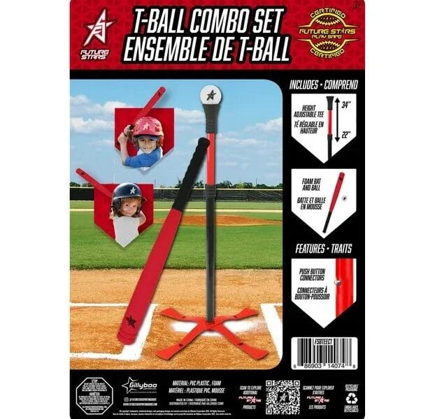 Future Stars Tee-Ball Combo Set with Height Adjustable Tee, 24″ Foam Bat and Foam Baseball – 3+, 3pc Set