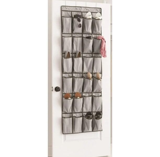 Mainstays Over the Door Shoe Organizer, Hanging Shoe Holder with 24 Extra Large Fabric Pockets for Storage Men Sneakers , Women High Heeled Shoes, and other accessories, Grey, Item size: 22 W x 1D x 63.5 H inch; Grey color