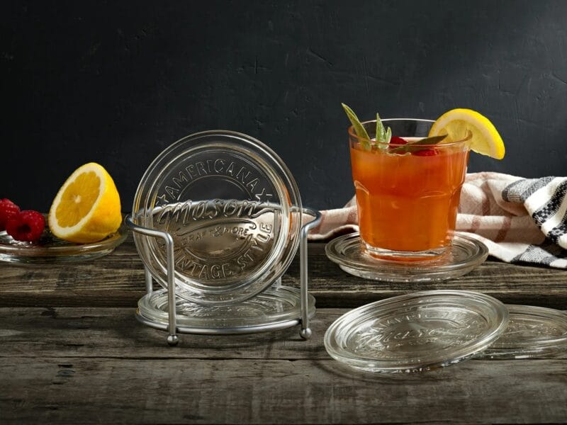Mason Craft & More 7 Piece Glass Coasters Set with Metal Organizer
