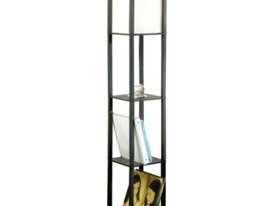 Hometrends Wood Floor Lamp with Shelves and Ivory Linen Shade, 63″, Black