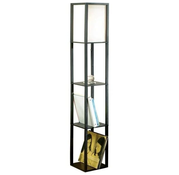 Hometrends Wood Floor Lamp with Shelves and Ivory Linen Shade, 63″, Black