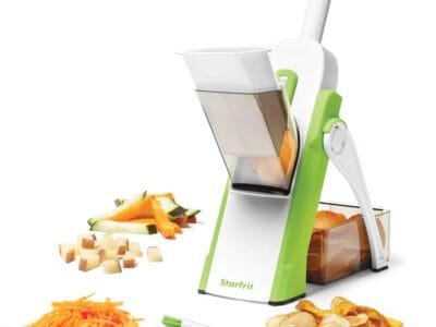 Starfrit Pump’n’Slice – Vertical Mandoline, Food Chopper, Slicer – Safe Enclosed Blades – Folds for Storage | Cleaning Tool -2-in-1